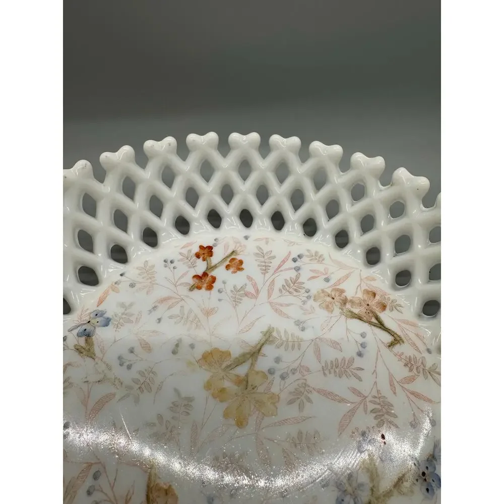 Vtg. Milk Glass Painted Floral Bowl Basket weave Lattice Fruit Compote Open Lace